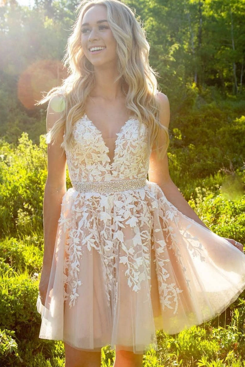 Cute champagne v neck lace short prom ...